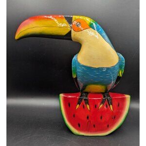 Vintage Carved Hand Painted Folk Art Wooden Toucan on Watermelon Figurine 12"